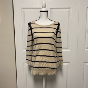 Loft womens cream black striped long sleeve round neck pullover knit sweater lrg